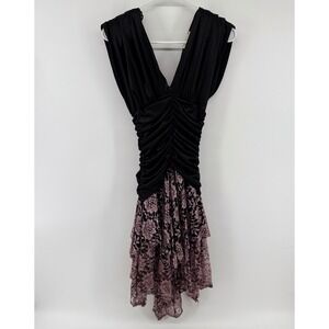 Vintage 80s SENECA Prom Dress Gothic Black Ruched Liquid‎ Satin Pink Lace 3/4